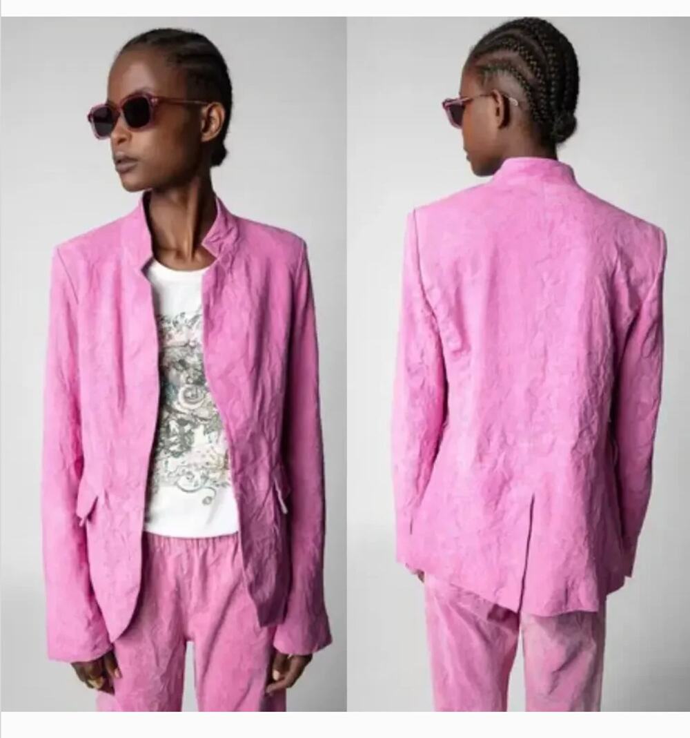 Zadig & Voltaire Very Daim Blazer 34 XS Froisse Crinkle Suede Tulip Pink Jacket